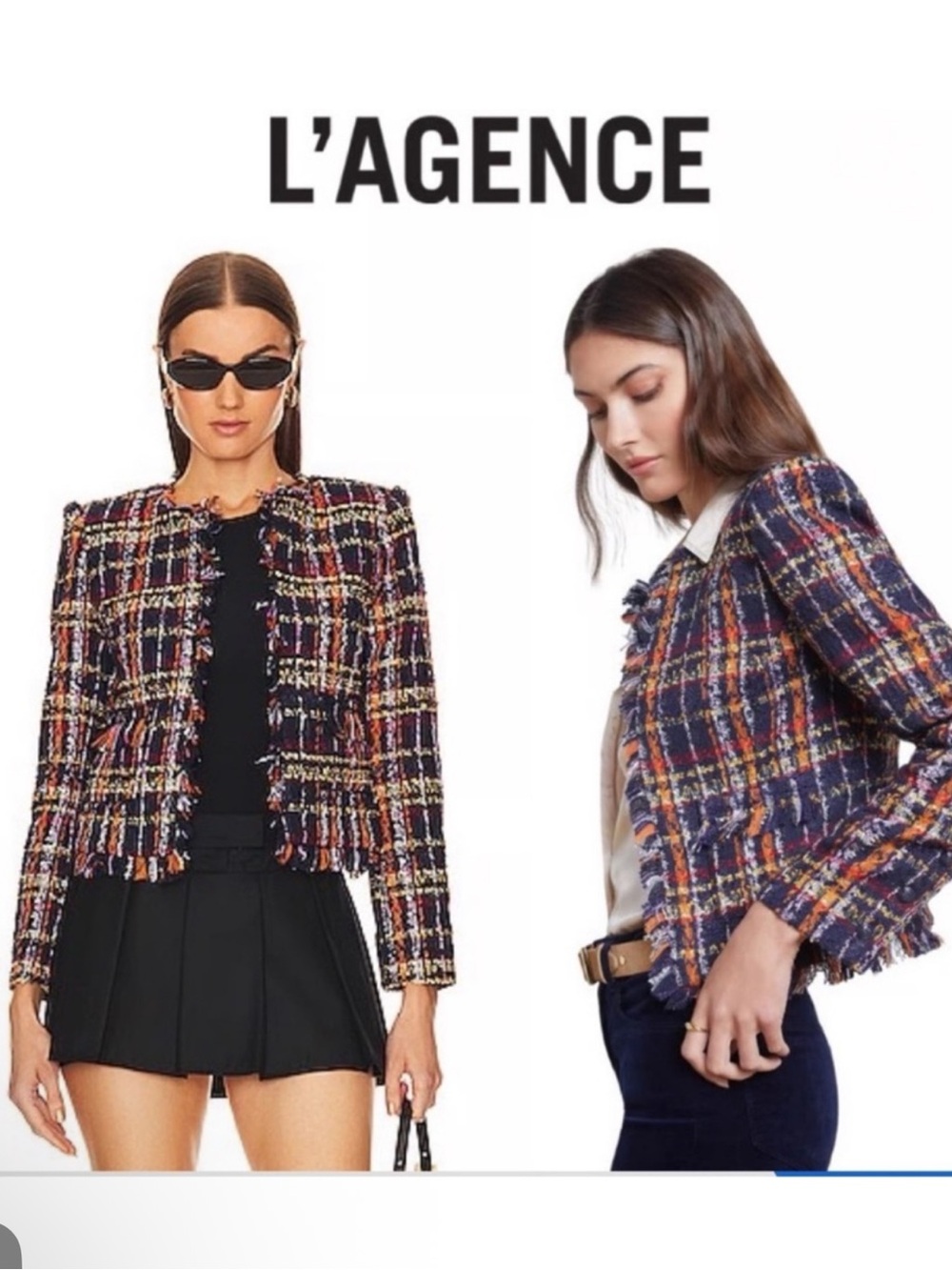 L'Agence Angelina Navy Plaid Tweed Open Jacket Blazer